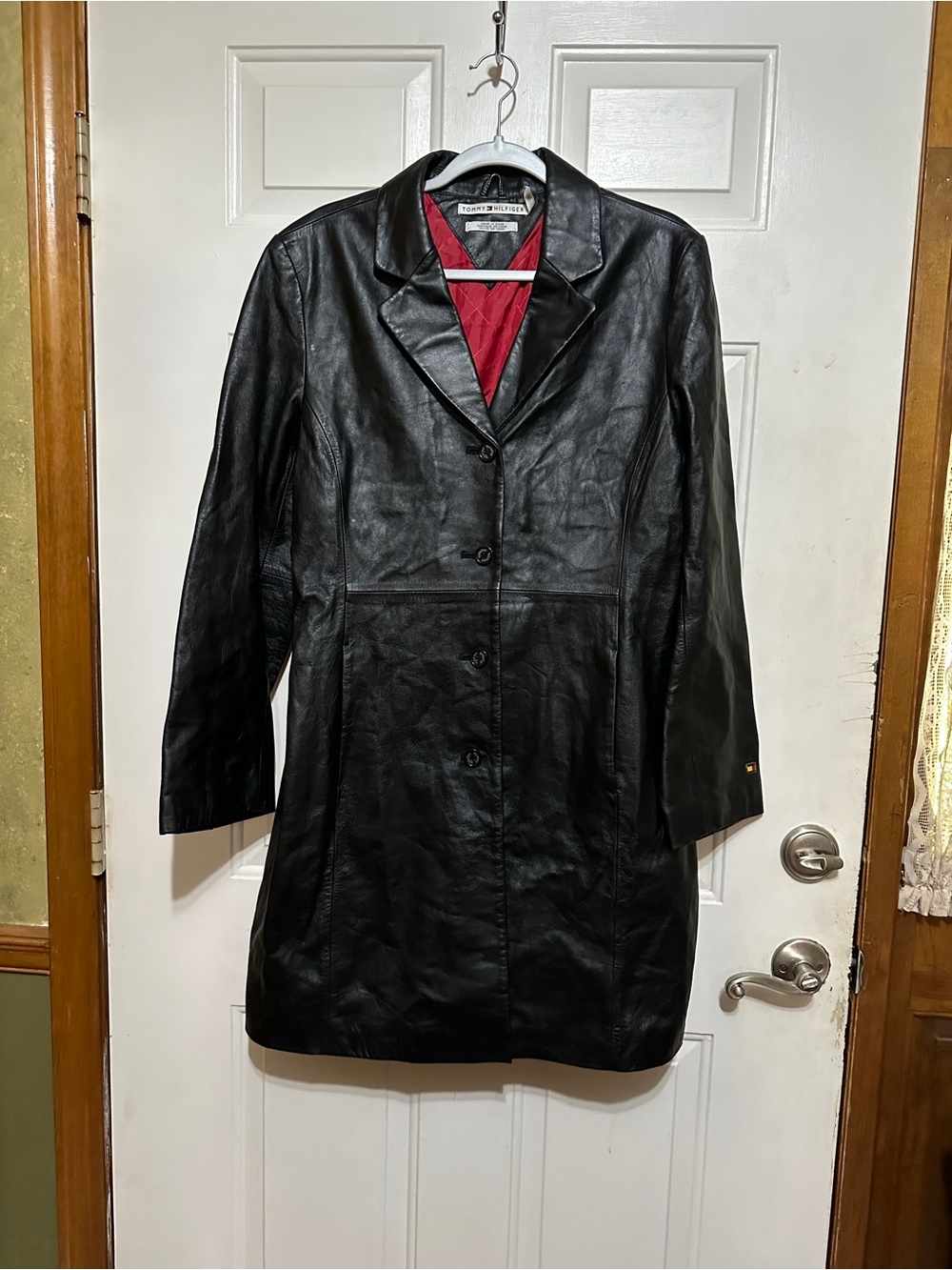 Y2K Tommy Hilfiger Nubuck Leather Black Trench Coat 2000 Women’s X-Large Vintage